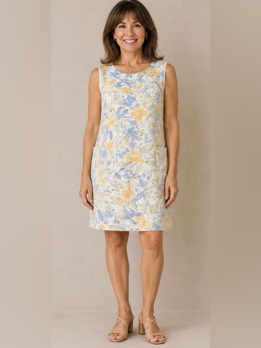 NWT  Petite Yellow Blue Sleeveless Scoop Neck Knee-Length Sundress by Erika